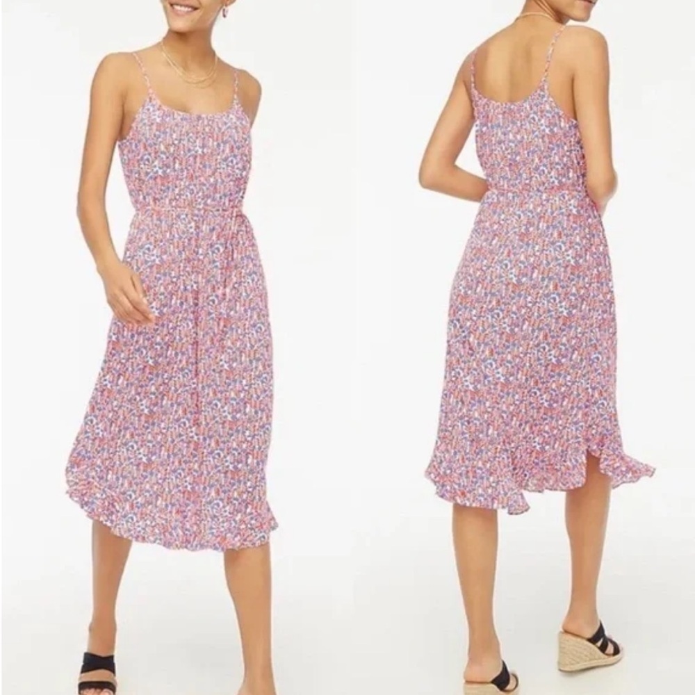 J. CREW Floral Ruffle Curved Hem Midi Dress Red Blue Patriotic‎ Sundress Size 2